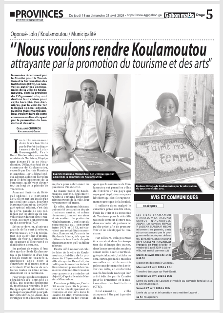 "Non voulons rendre koulamoutou attrayante par la promotion du tourisme et des arts"